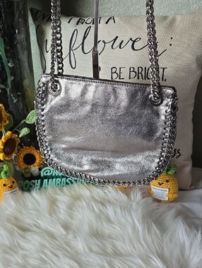 MICHEAL Micheal KORS Metallic LEATHER Silver Chain-Trim Shoulder Bag 2 Way Bag